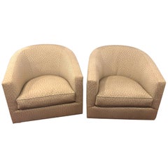 Pair of Milo Baughman Style Swivel Chairs in a Fine A. Schneller Sons Upholstery