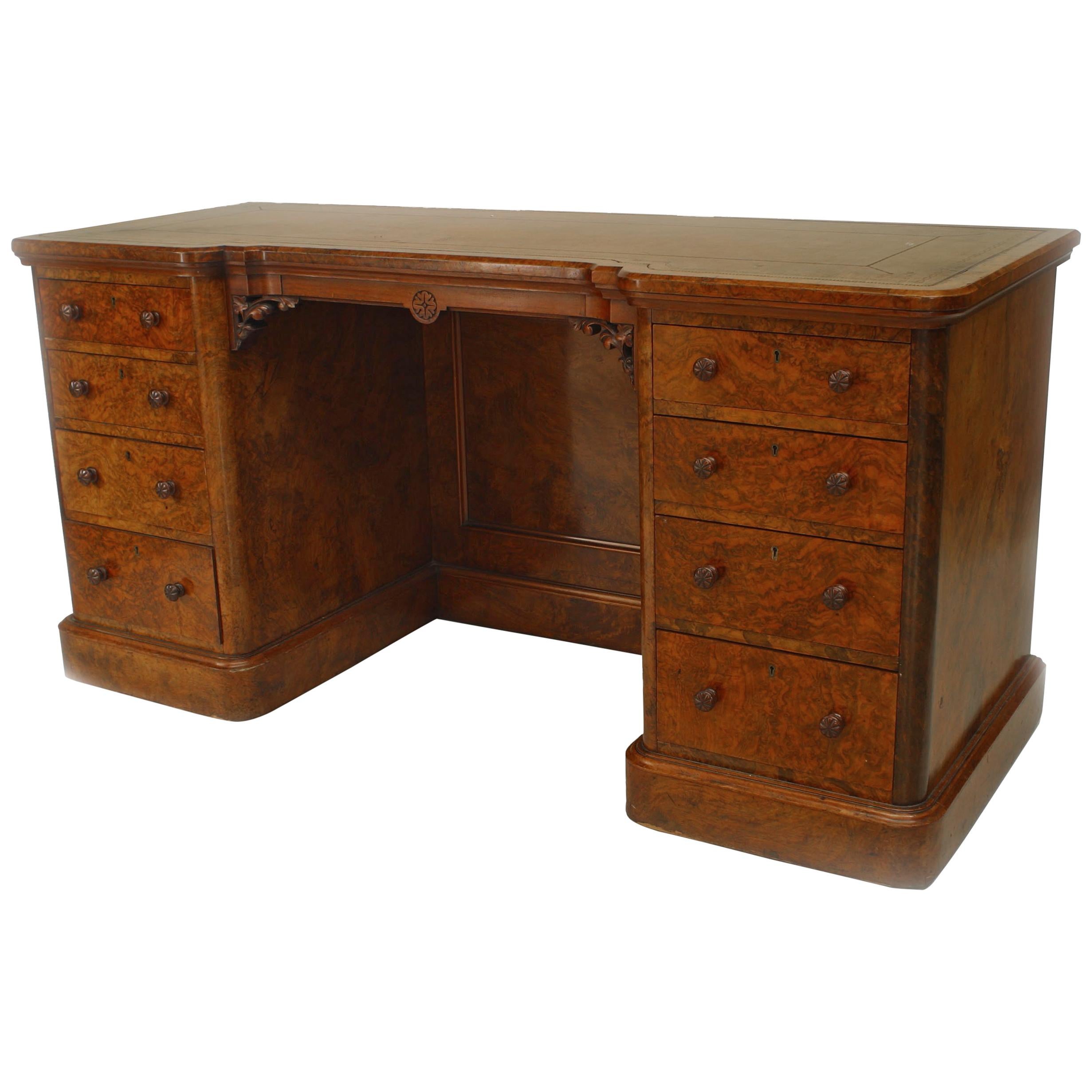 English Victorian Burl Walnut Kneehole Desk For Sale