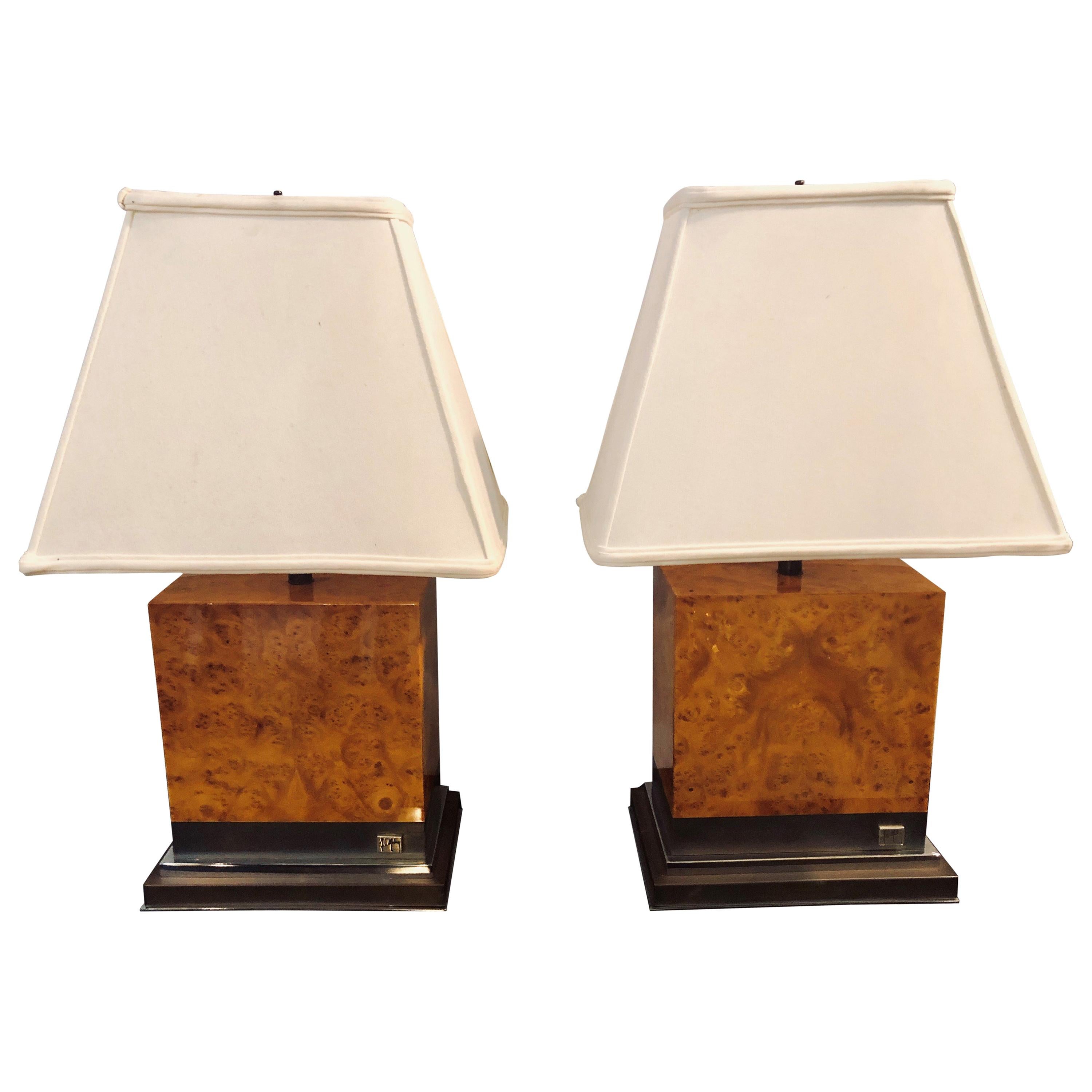 Jean Claude Mahey, Mid-Century Modern Table Lamps, Burlwood, Brass, France 1960s