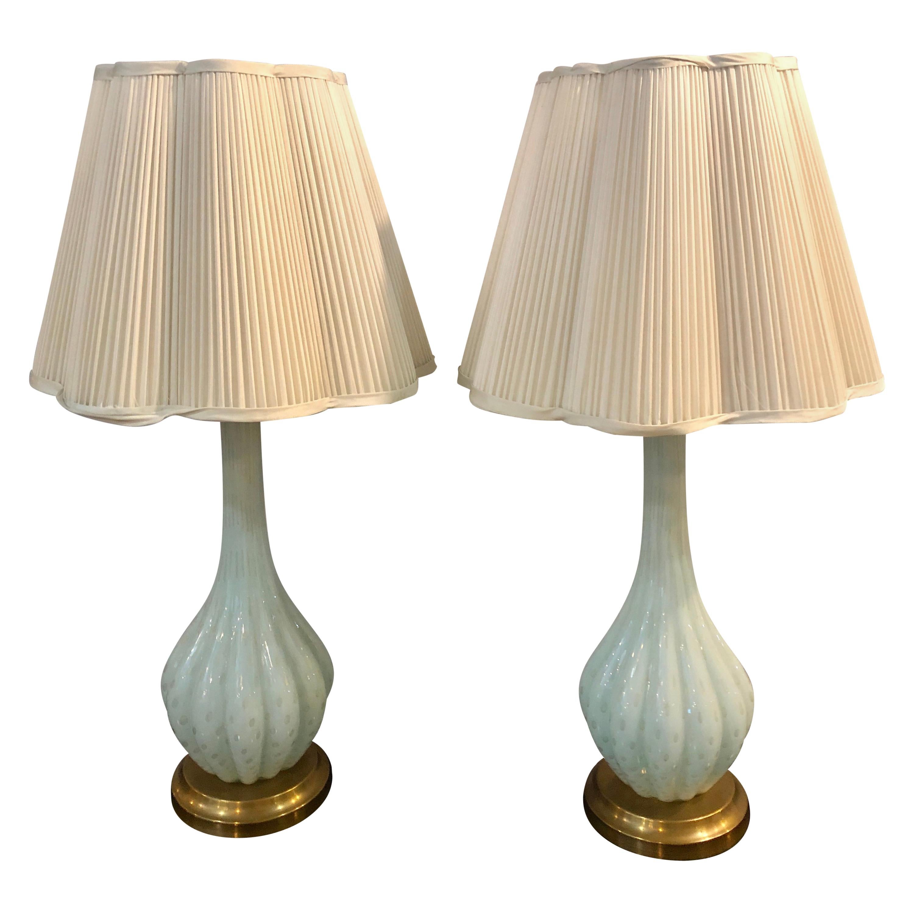 Pair of Tall Murano Glass White Blue Color Tear Drop Design Table Lamps
