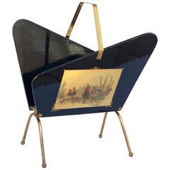 Vintage Gio Ponti Style Magazine Rack, Ebonized Wood and Brass with 2 Prints, Italy 1950