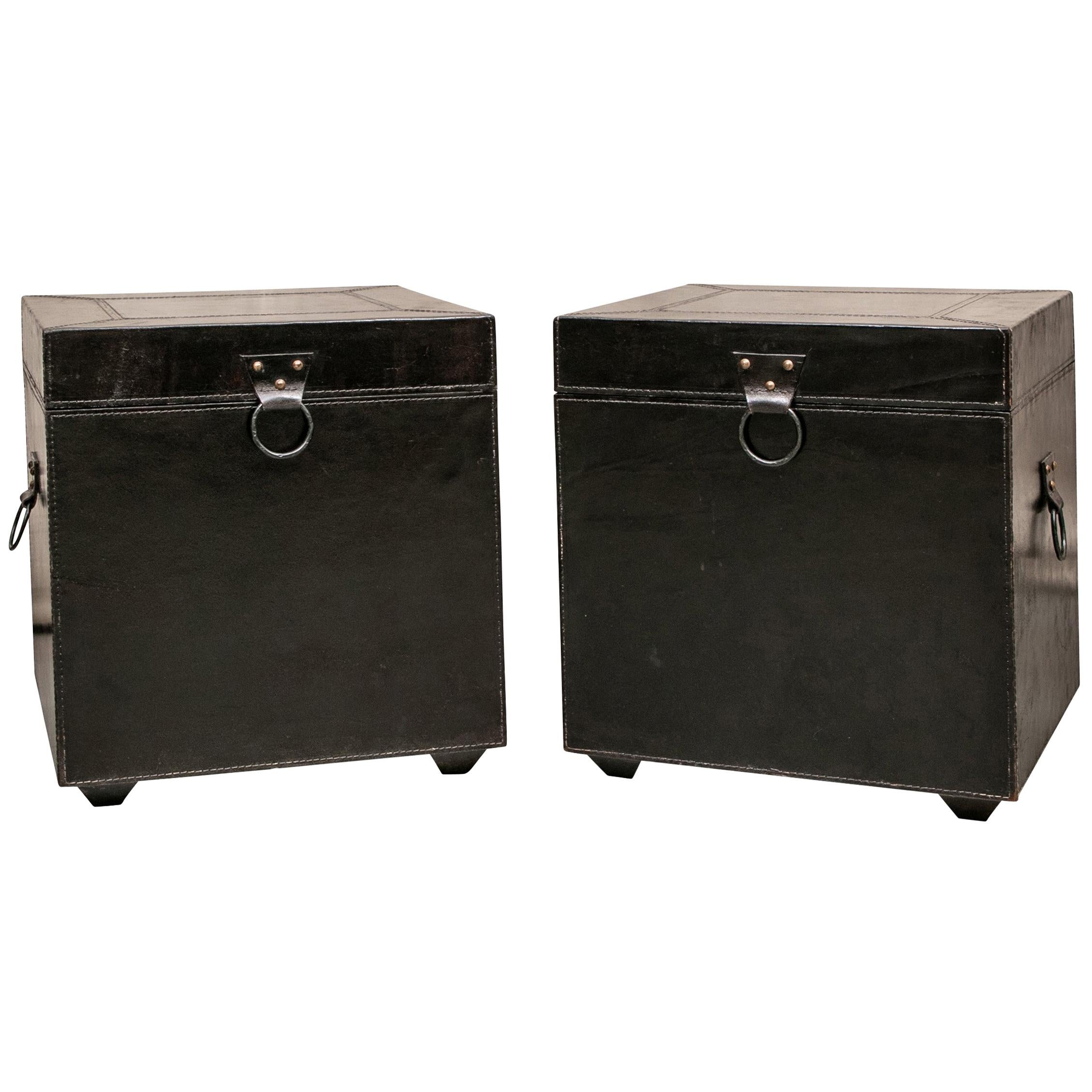 Pair of Contemporary Dark Chocolate Leather Storage Tables