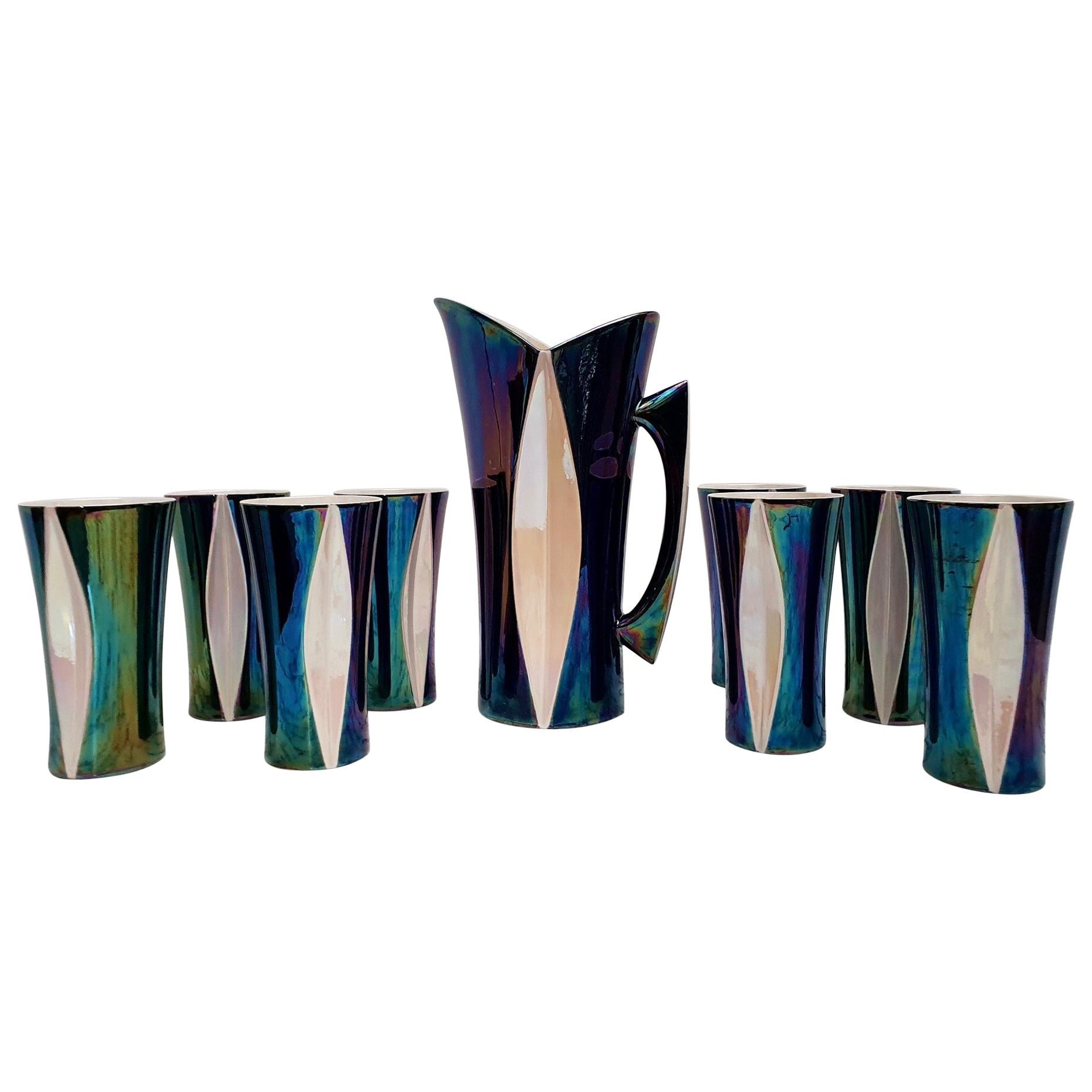 Mid-20th Century Iridescent Ceramic Drinks Set of 9 Made in France, 1970s