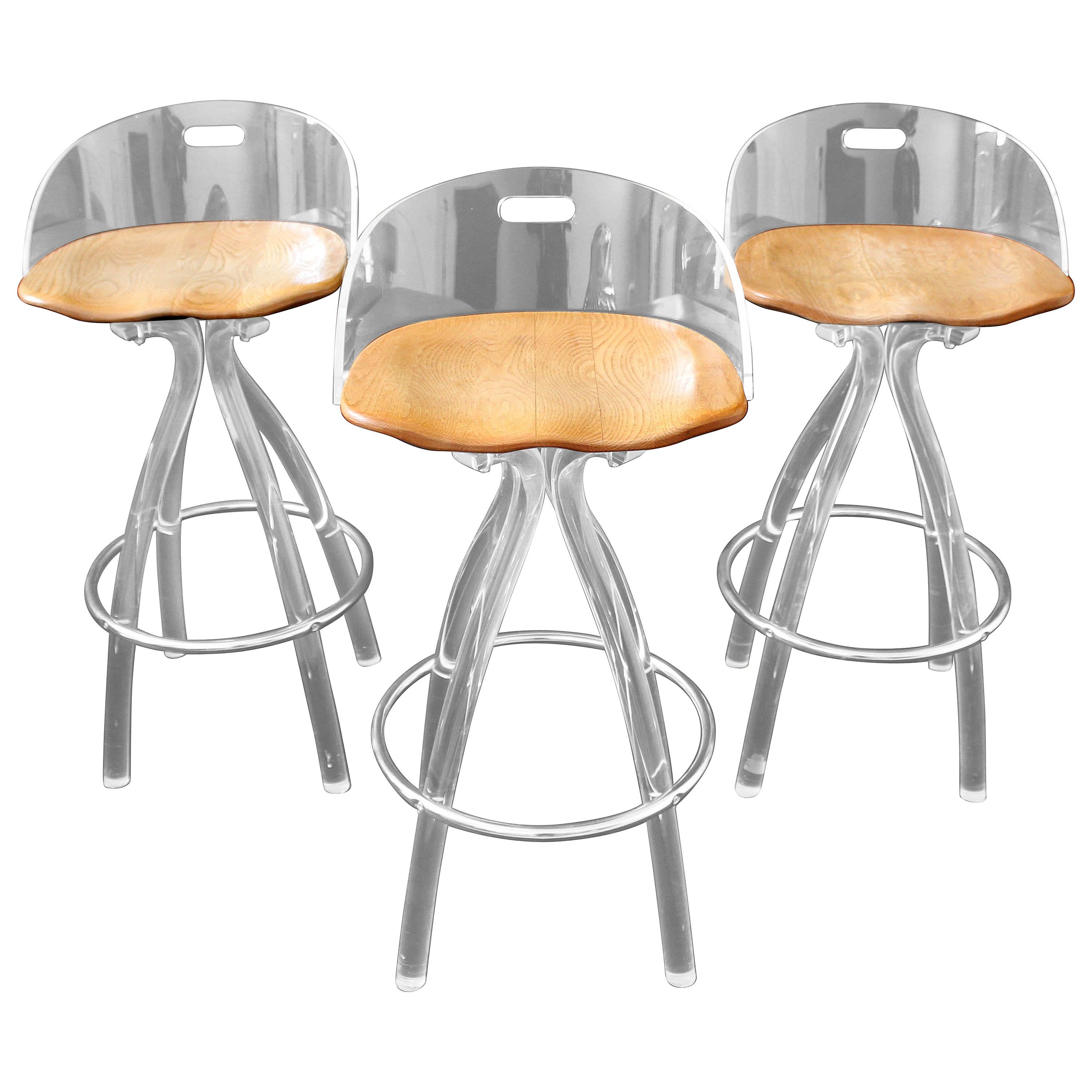 Mid-Century Modern Set of 3 Lucite Wood Saddle Seat Bar Stools by Hill Mfg 1970s