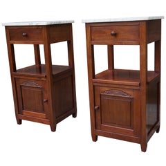 Antique Pair of Solid Mahogany Dutch Arts & Crafts Bedside Cabinets with Marble Top 1910