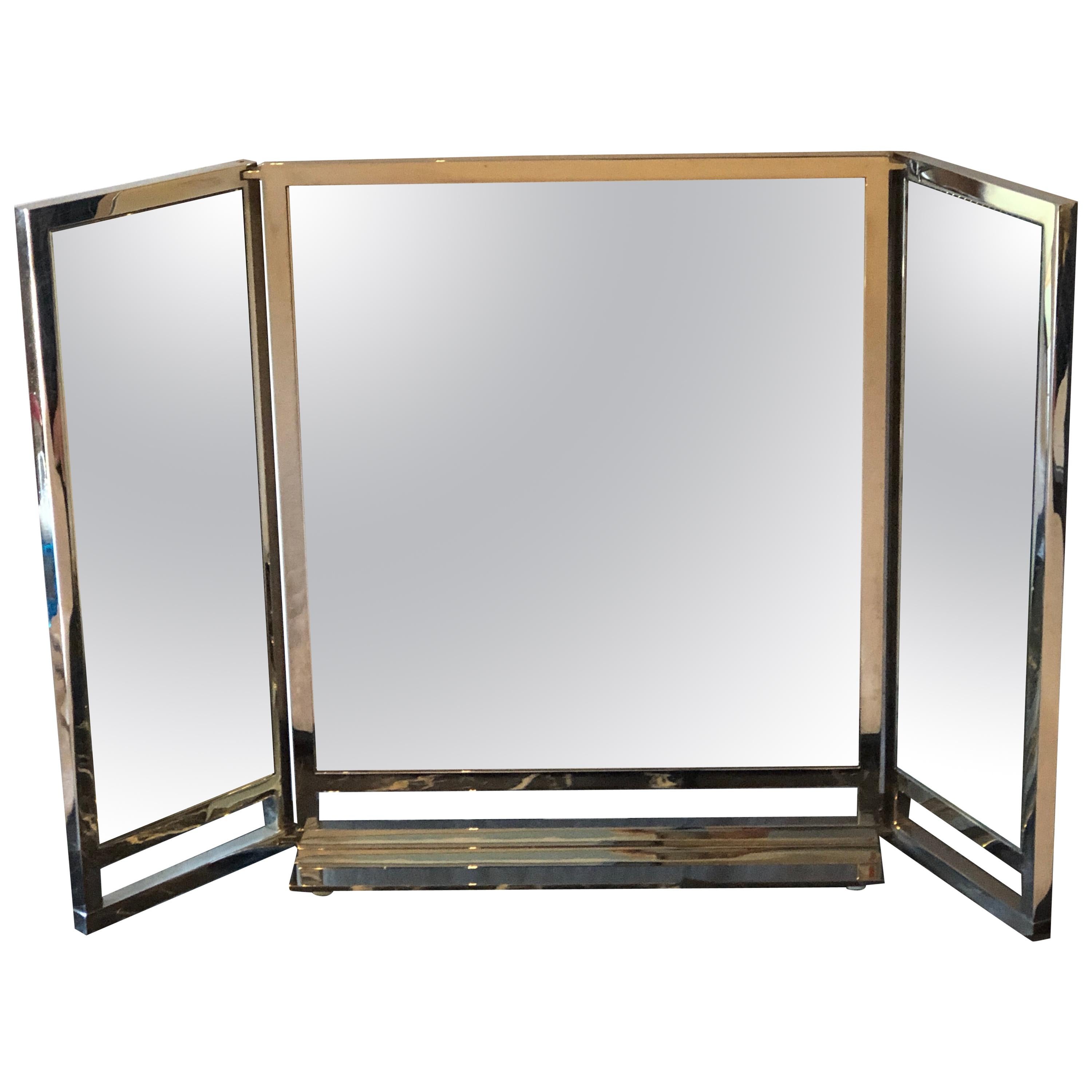 Hollywood Regency Solid Heavy Chrome Plated Tri-Fold Vanity or Table Mirror