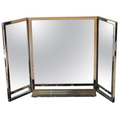 Retro Hollywood Regency Solid Heavy Chrome Plated Tri-Fold Vanity or Table Mirror