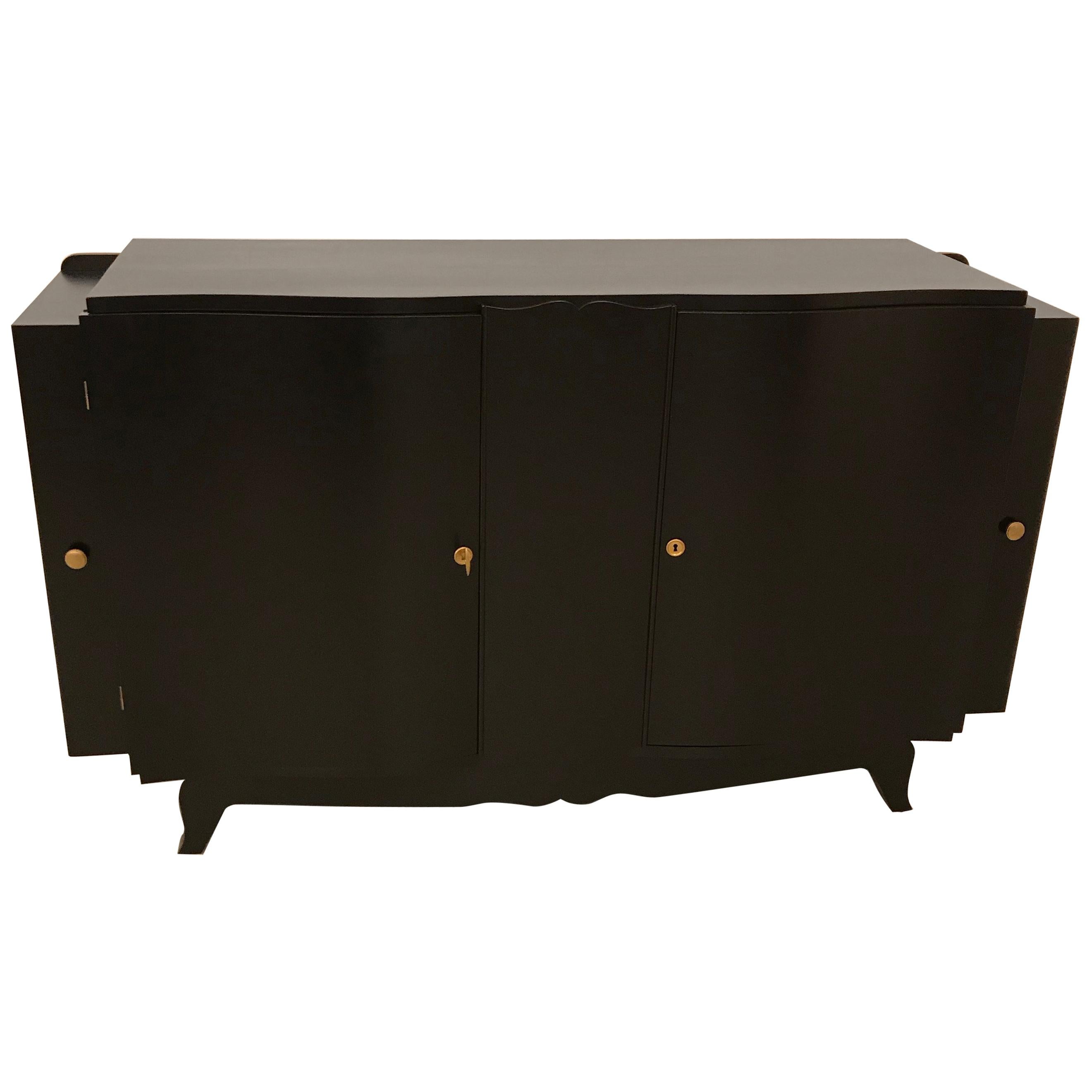 French Art Deco Black Lacquered Sideboard or Buffet with Dry Bar