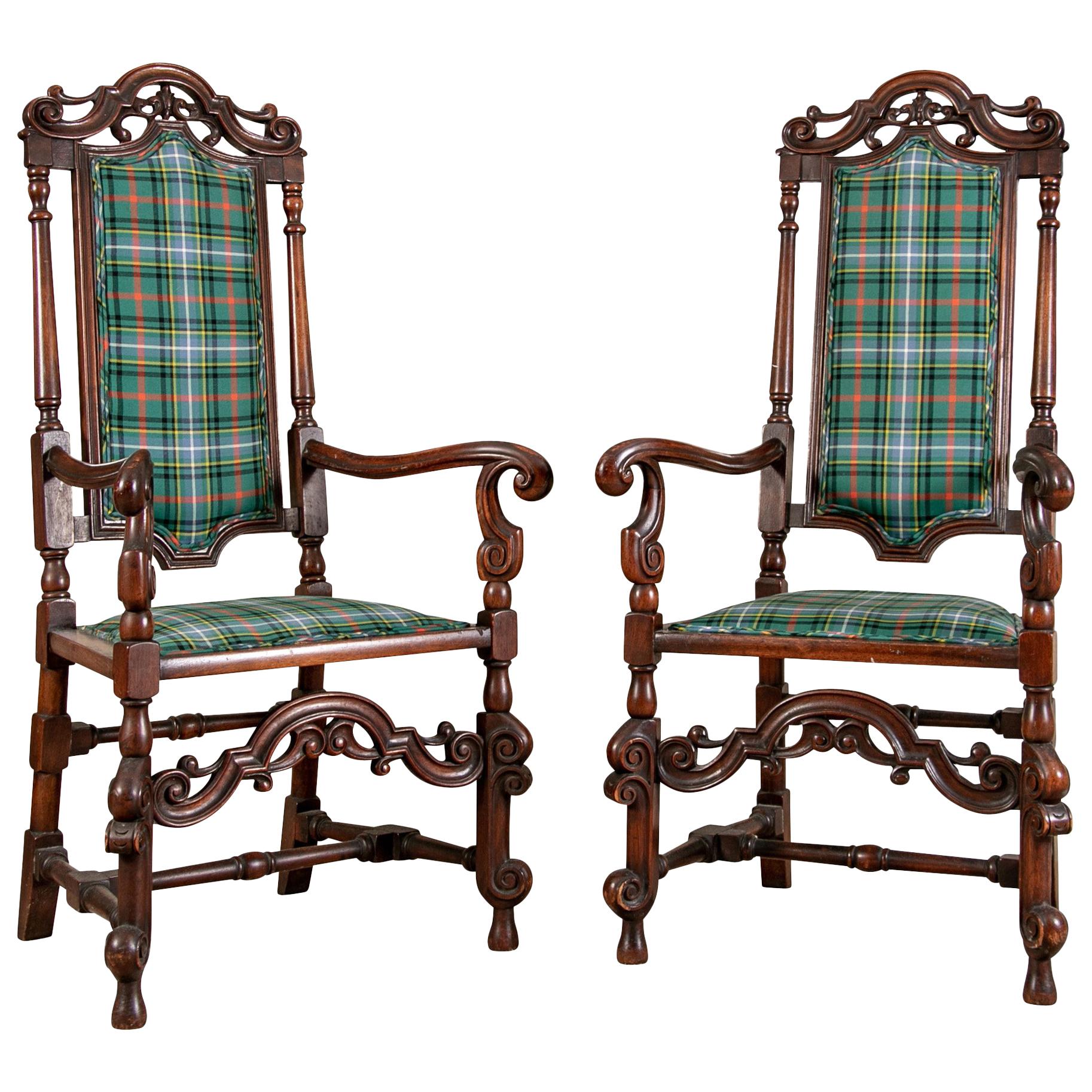Pair of Antique English Carved Hall Chairs in a Tartan Plaid