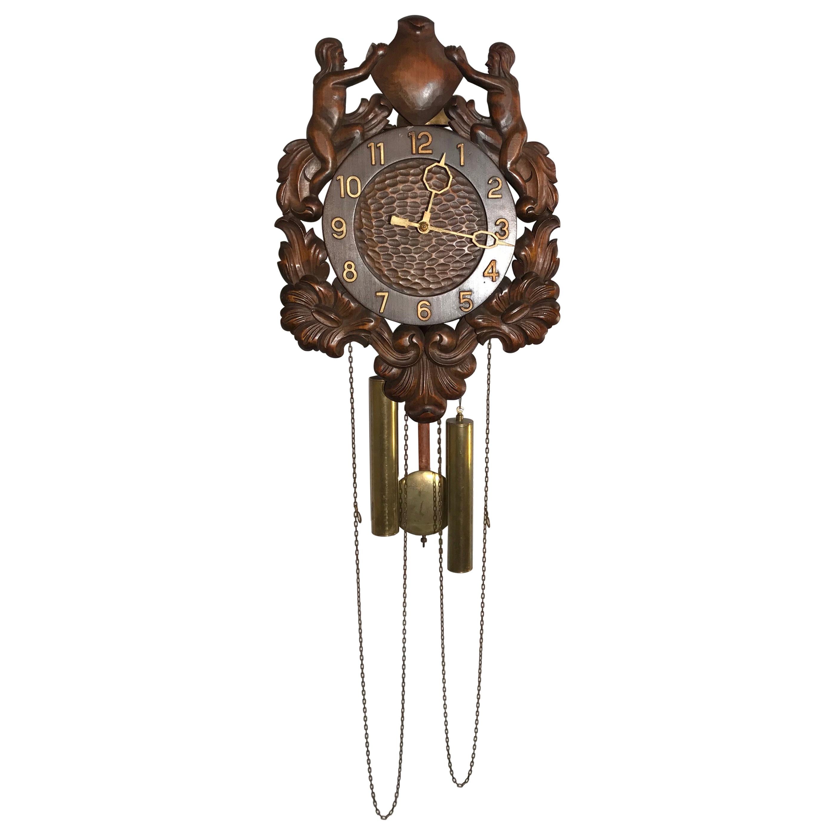 Unique Denmark Made Classical Roman Wall Clock with Sculptures and Flowers For Sale