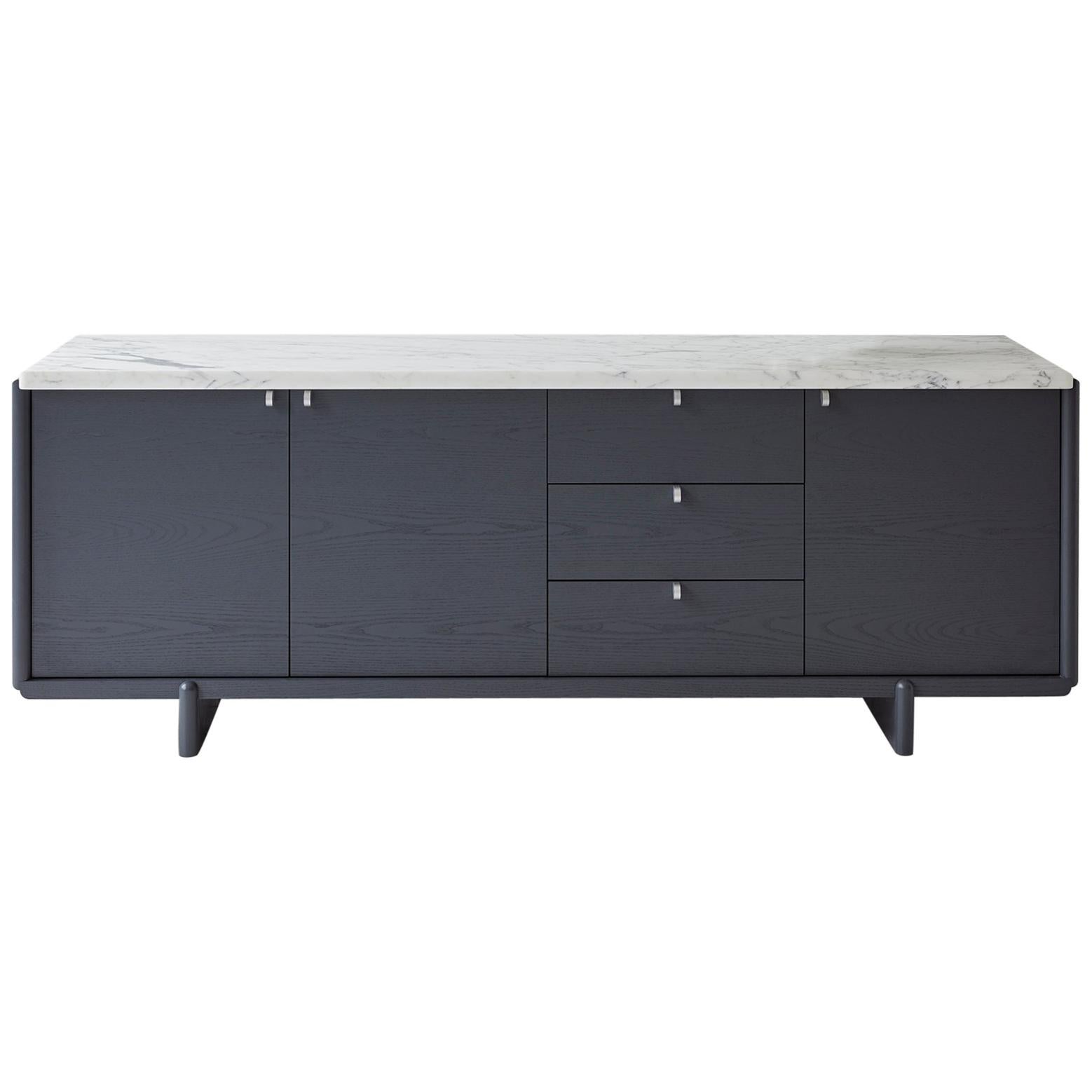 Nocturne Credenza with Slate Lacquer Finish and Calacatta Marble For Sale