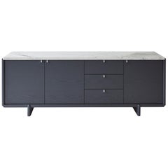 Nocturne Credenza with Slate Lacquer Finish and Calacatta Marble