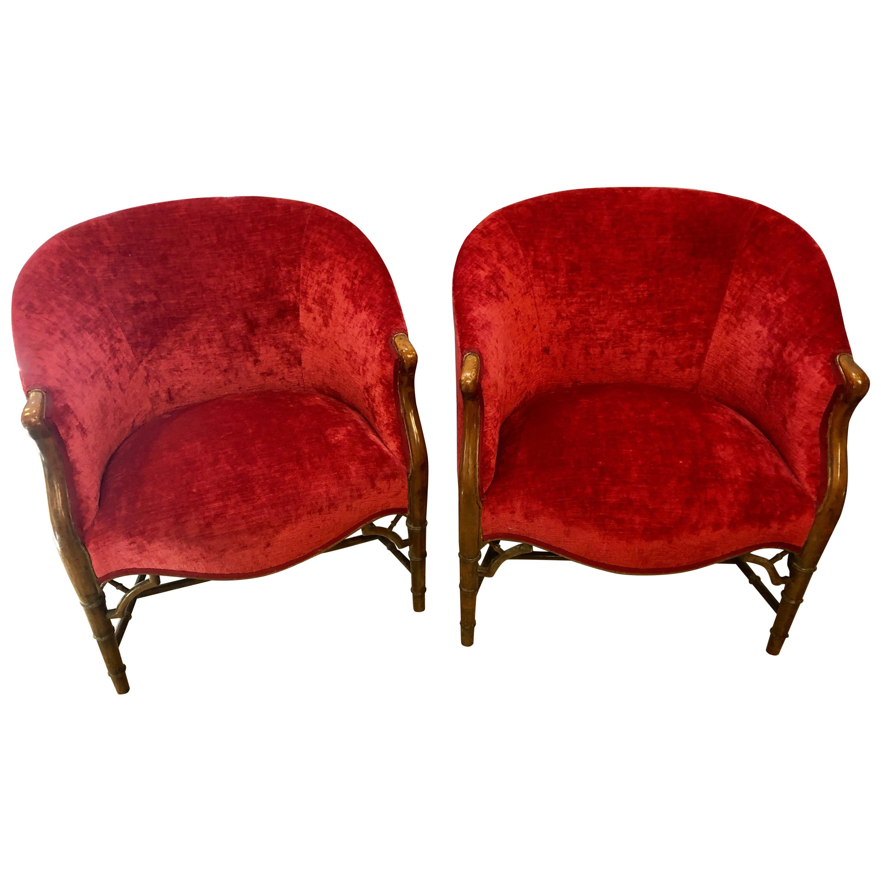 Pair of Bamboo Legged Cherry Red Velour 19th-20th Century Barrel Back Chairs For Sale