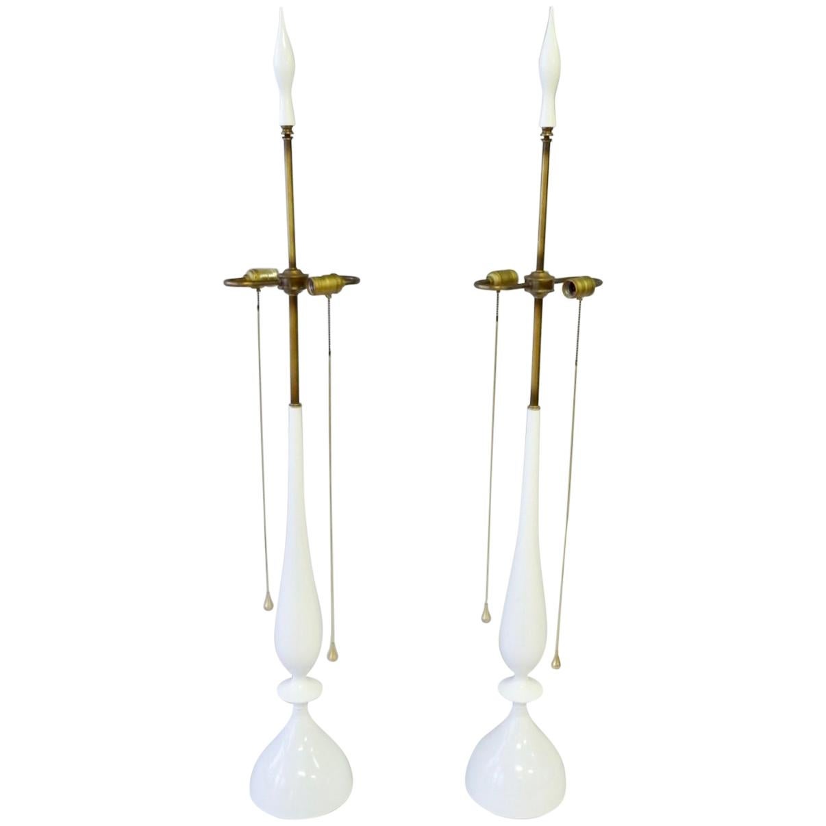 Tommi Parzinger Style White Lacquer with Brass Pull Rembrandt Table Lamps, Pair For Sale