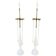Tommi Parzinger Style White Lacquer with Brass Pull Rembrandt Table Lamps, Pair