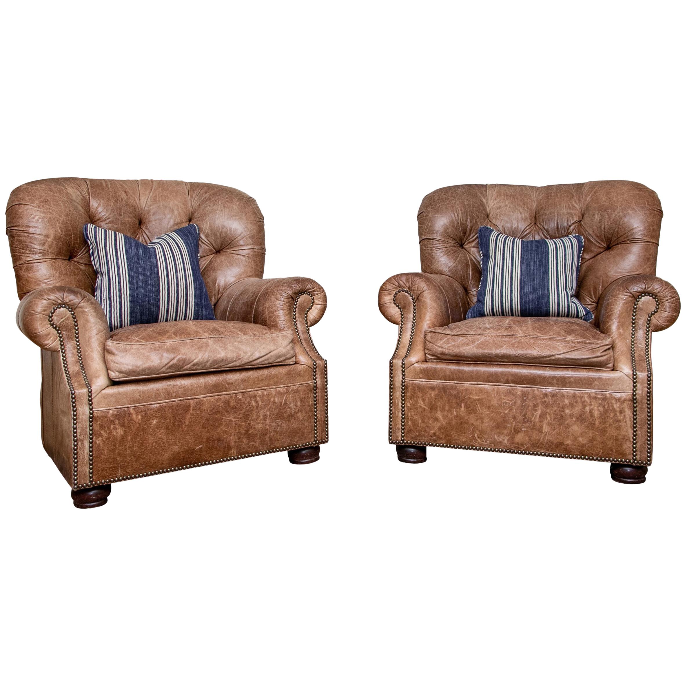 Fine Pair of Tufted Leather Library Club Chairs by Craftwork