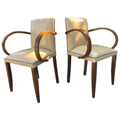 Glamorous Form Walnut 1940s French Side Chairs in Cream Leather Tobacco Piping