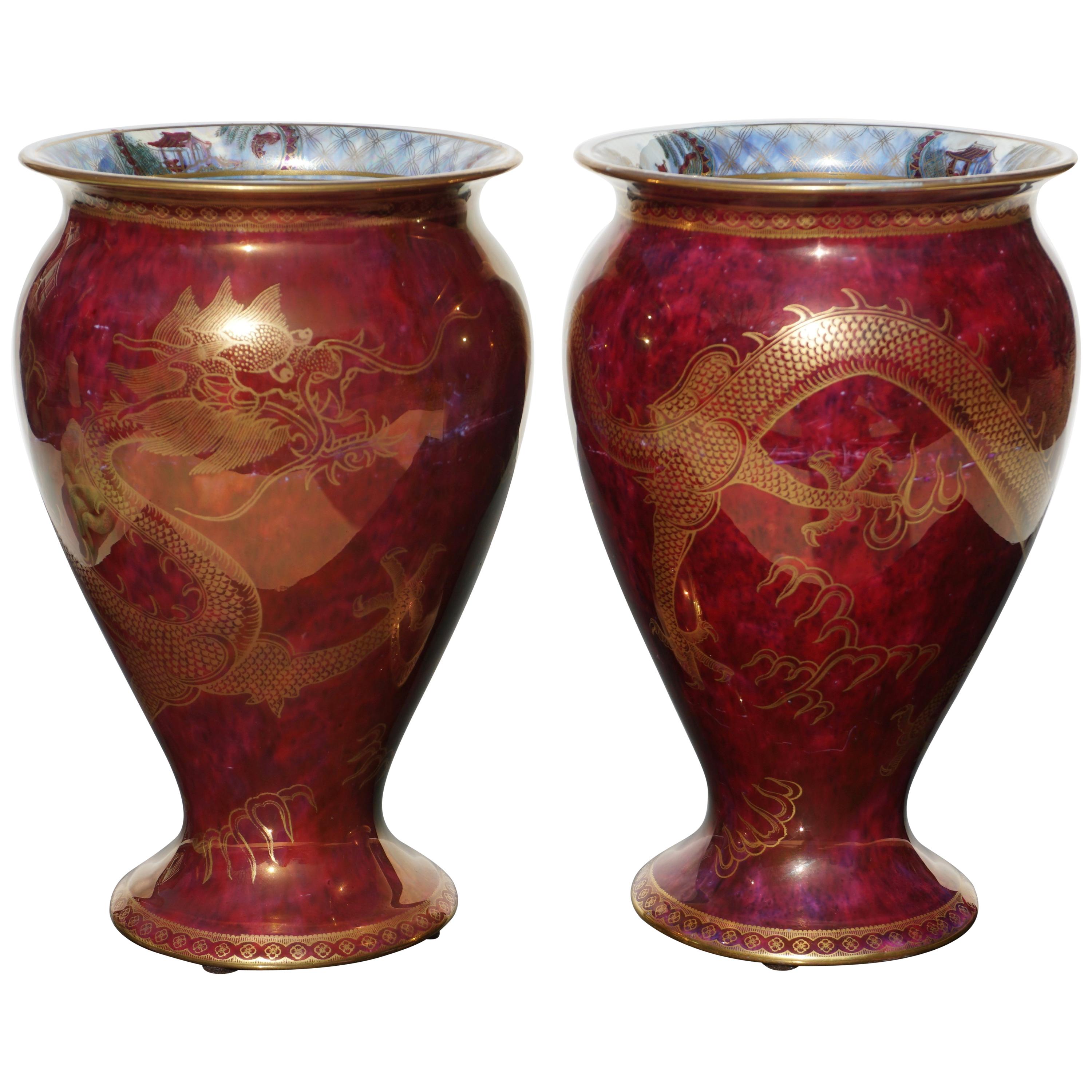 Pair of Wedgwood Lustre Red Dragon Vases, 1900