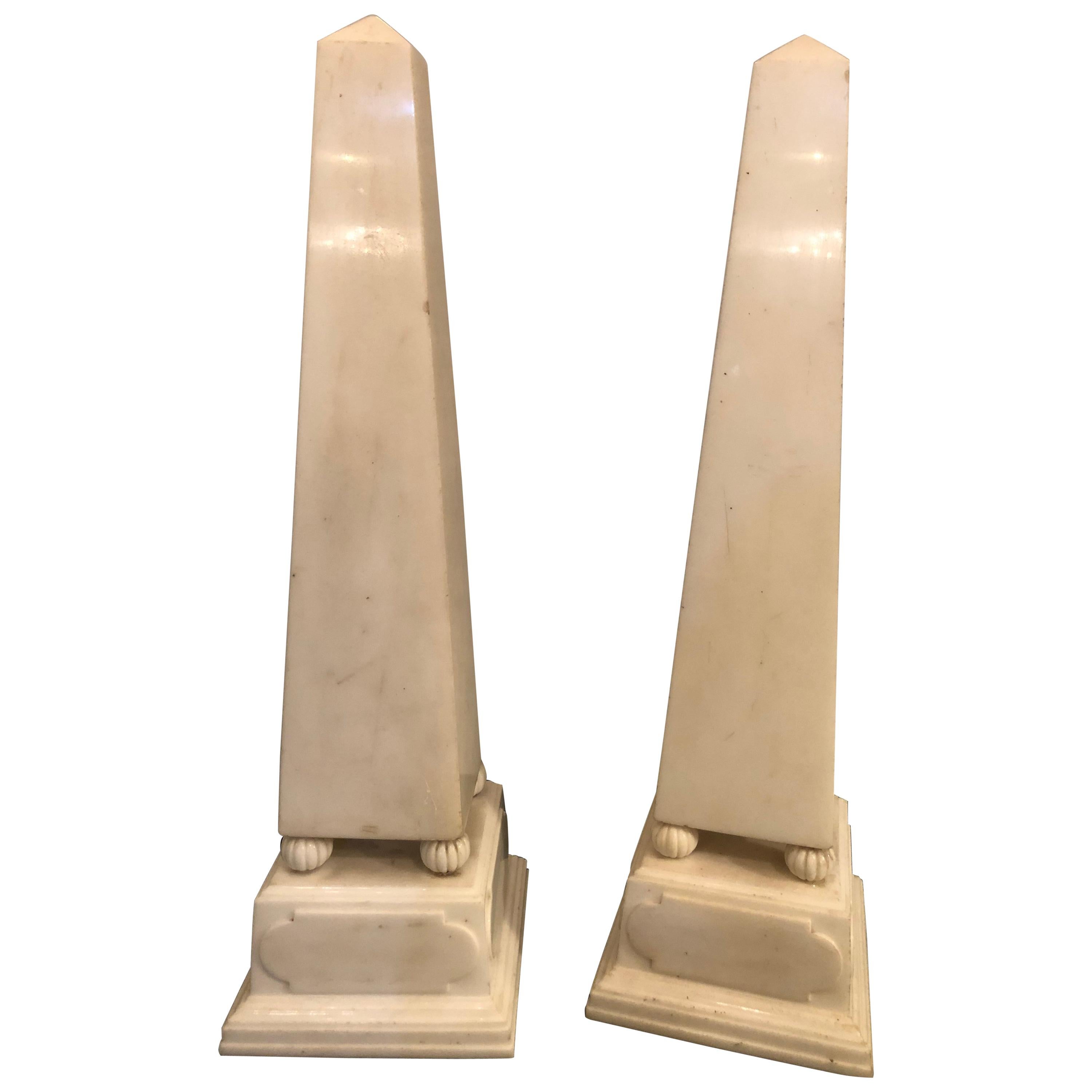 Pair of Large Antique 19th-20th Century Solid Marble Obelisks on Pedestals