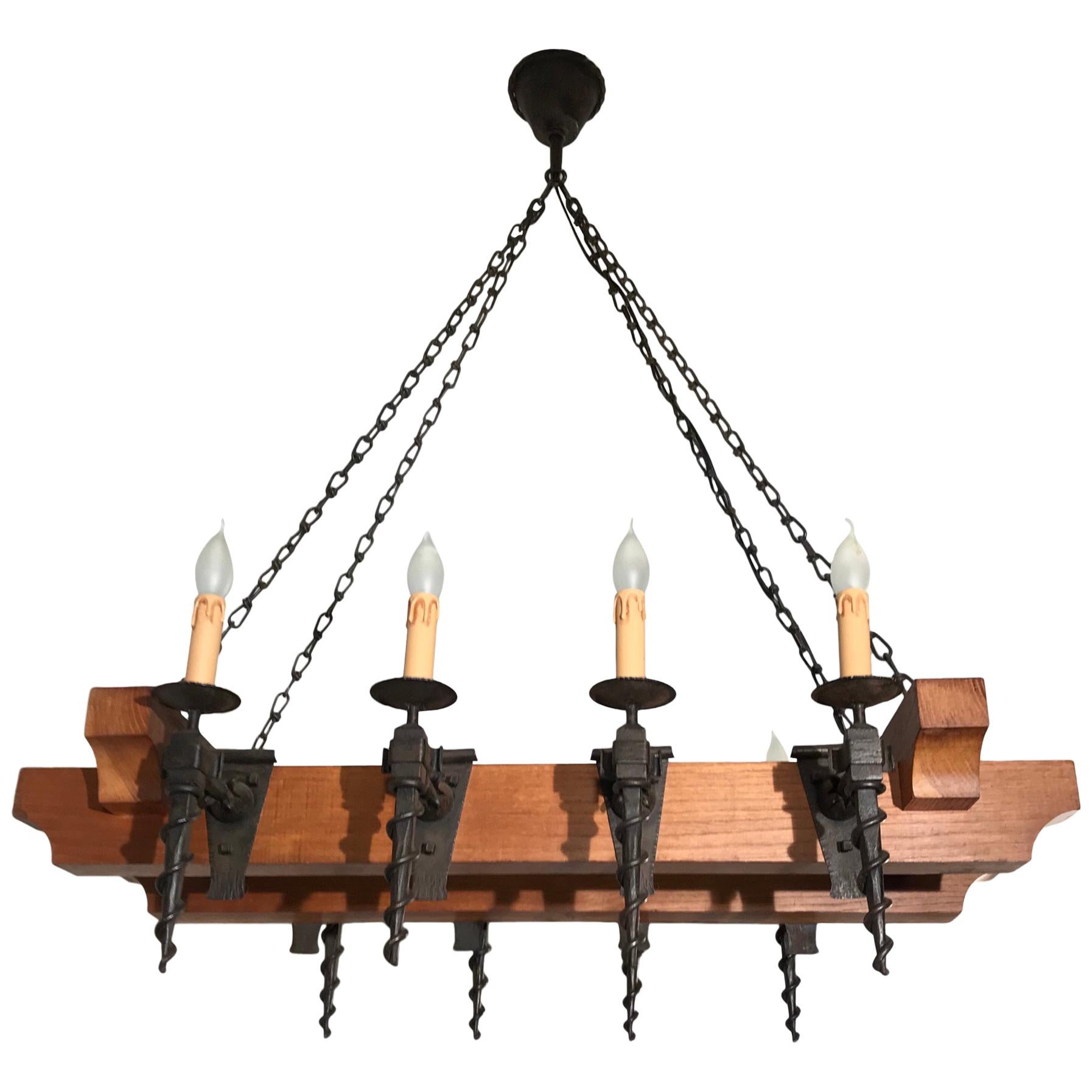 Heavy Quality Oak Beams and Wrought Iron Torches Arts & Crafts Chandelier Light