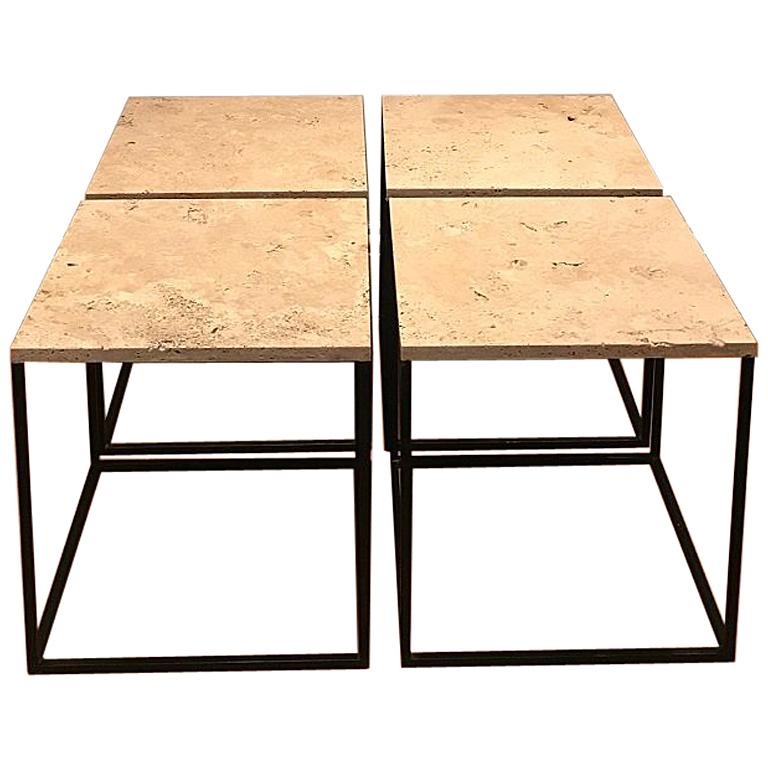 French 1950s Set of Metal and Travertine Tables For Sale