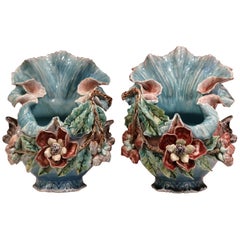 Pair of 19th Century French Barbotine Cachepots with Hand Painted Flowers