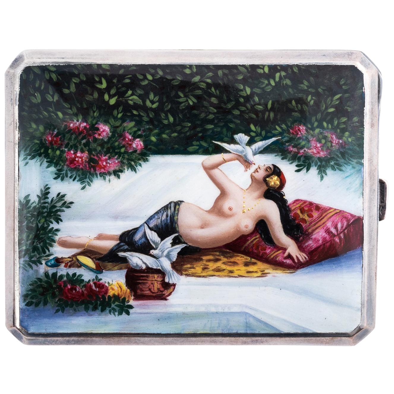 Painted Sterling Silver Cigarette Case, circa 1900 For Sale