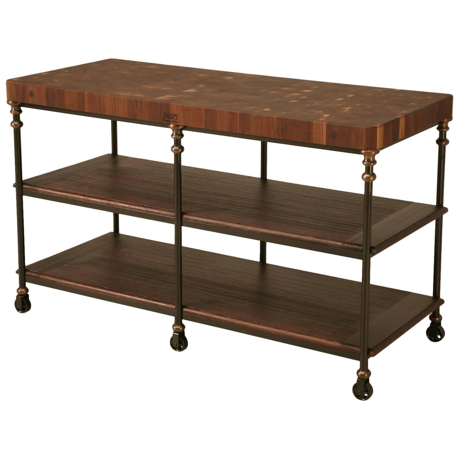French Industrial Style Kitchen Island in Steel, Bronze and Walnut Butcher Block