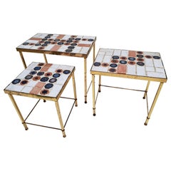 Set of 3 Belgian Vintage Polished Brass and Ceramic Nesting Tables