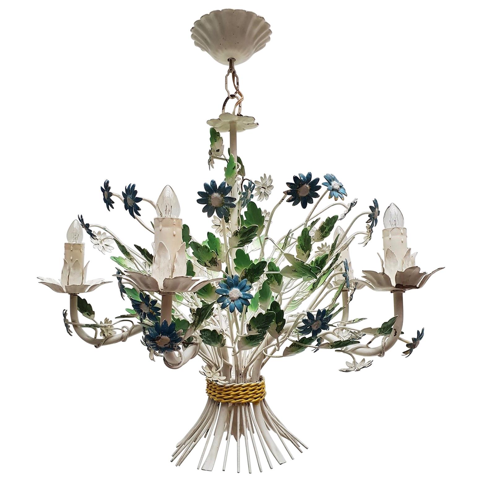 Midcentury French Painted Iron and Tole Chandelier with Flowers