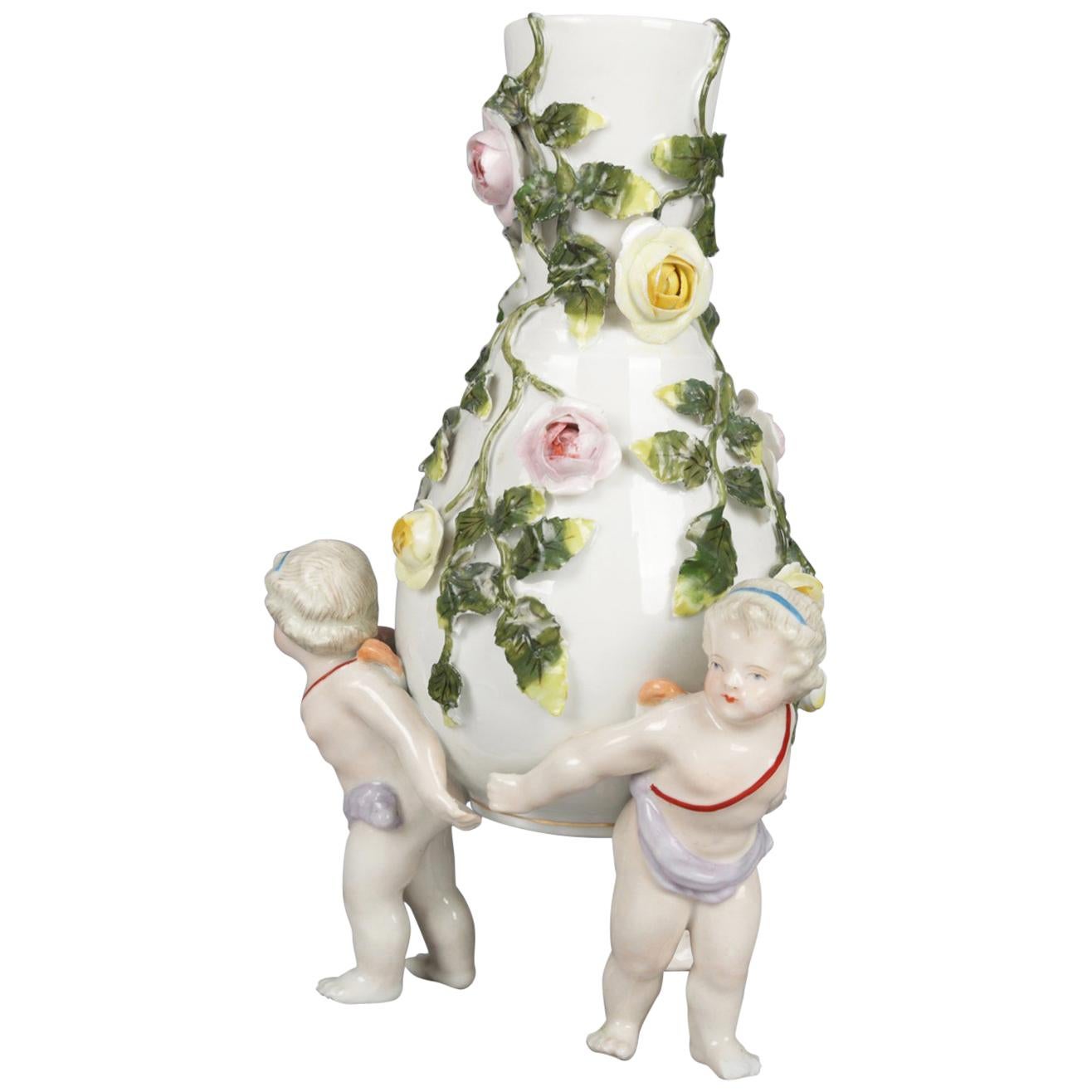 Antique German Meissen Porcelain Figural Cherub and Rose Bud Vase, circa 1890