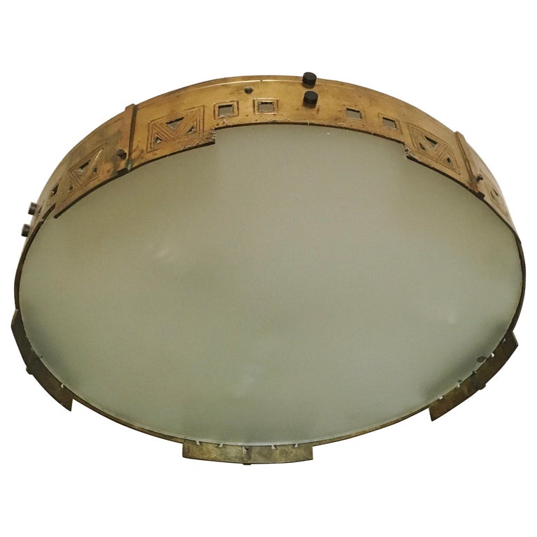 Unique Large Spanish Art Deco Brass Flush Mount Ceiling Lamp