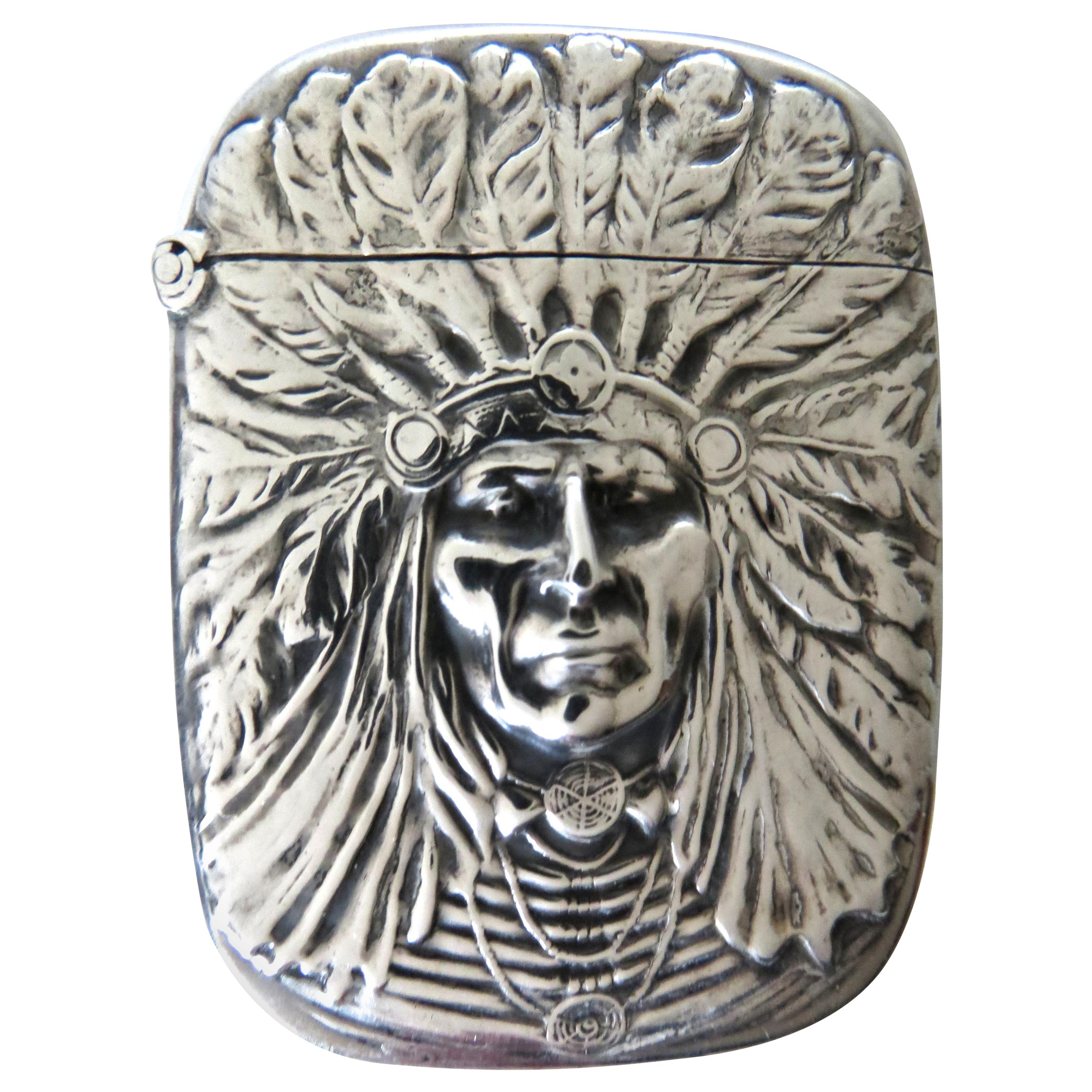 Art Nouveau Sterling Silver Match Safe, Indian Head, American, circa 1905