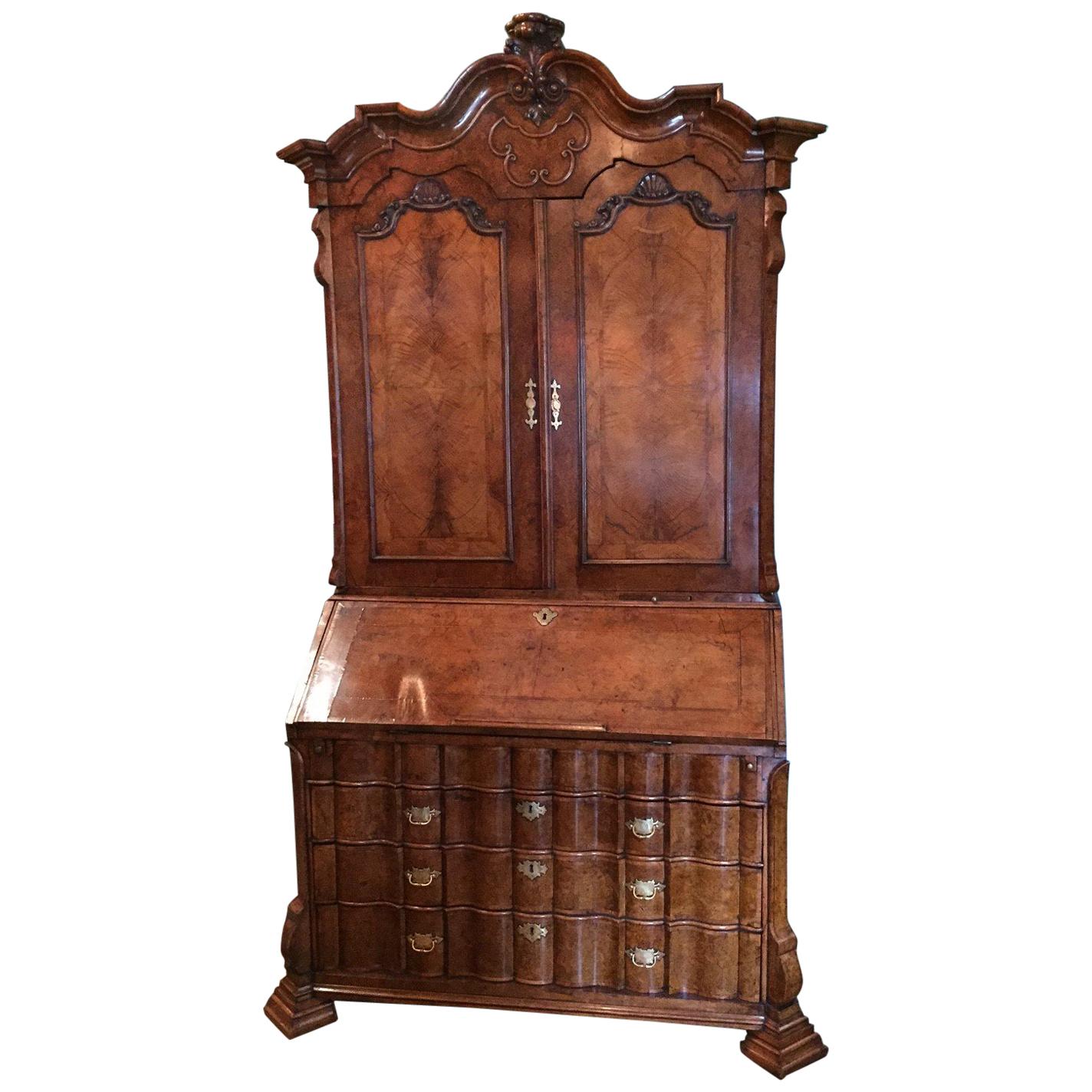 18th Century Dutch Burl Walnut Secretary Cabinet Scriban Desk library Antique LA For Sale