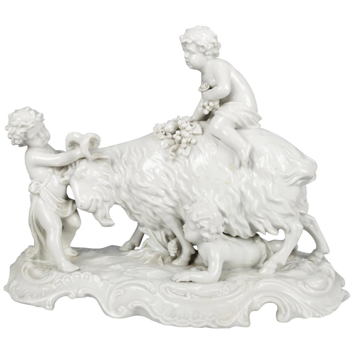 Antique Italian Capodimonte Figural Blanc de Chine Grouping, Cherubs & Goat