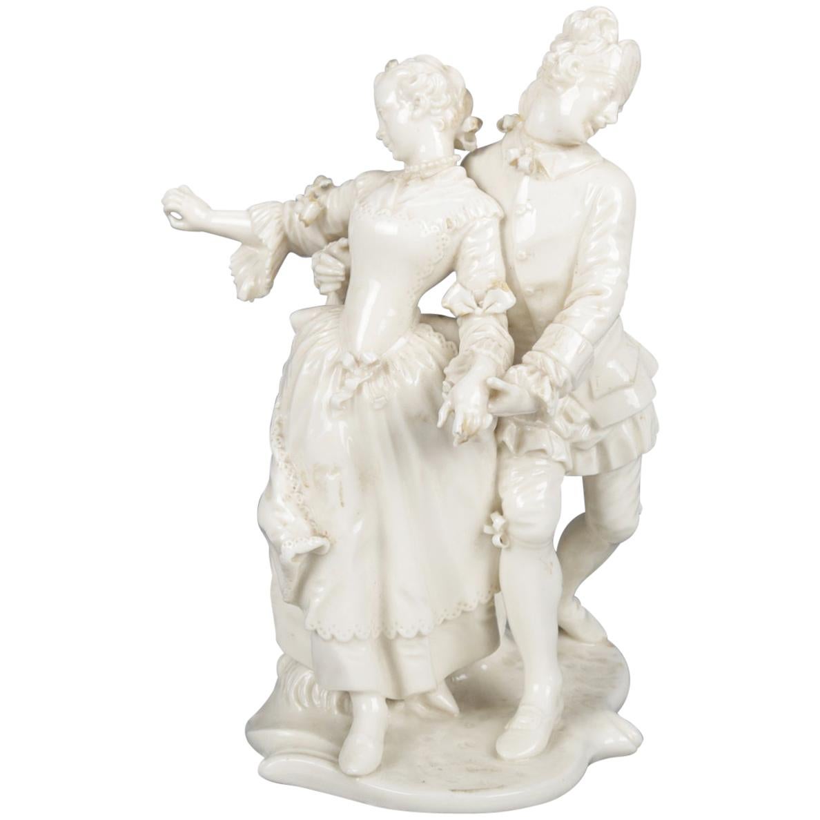 Antique & Petite German Figural Blanc de Chine Grouping, Dancing Courting Couple