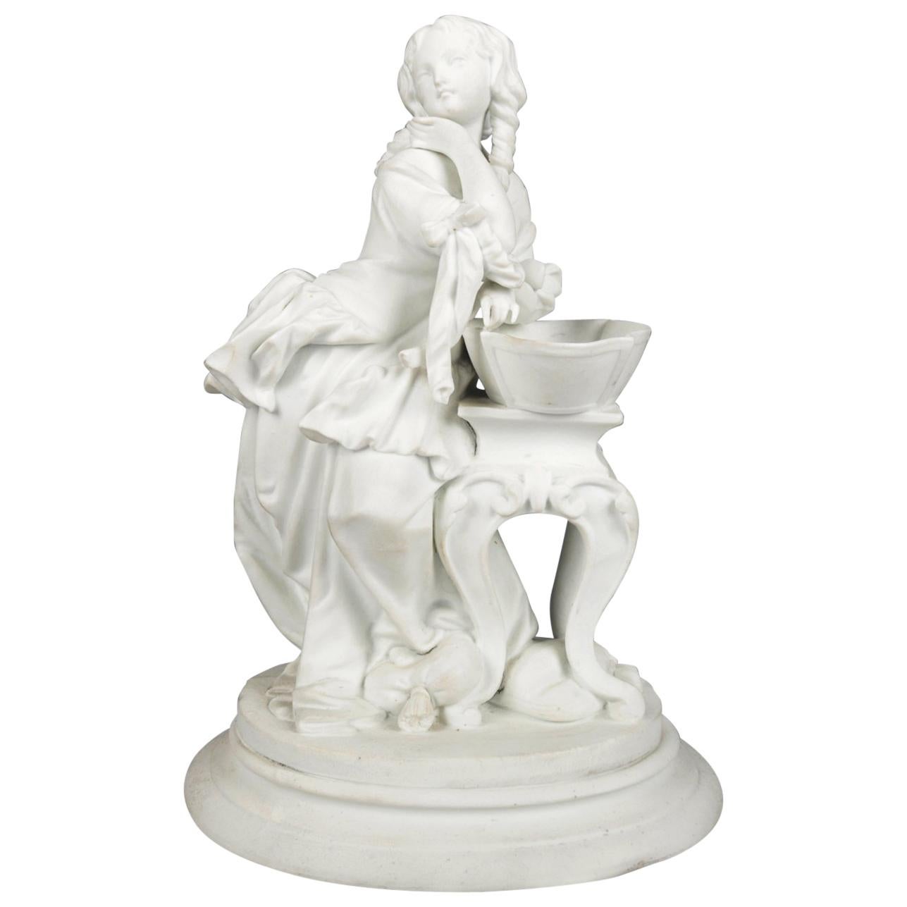 Antique English Parian Figural Genre Grouping of Woman & Washstand, 19th Century