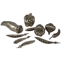 Midcentury Italian Bibelot Silver Figural Vegetable Collection, Set of 10