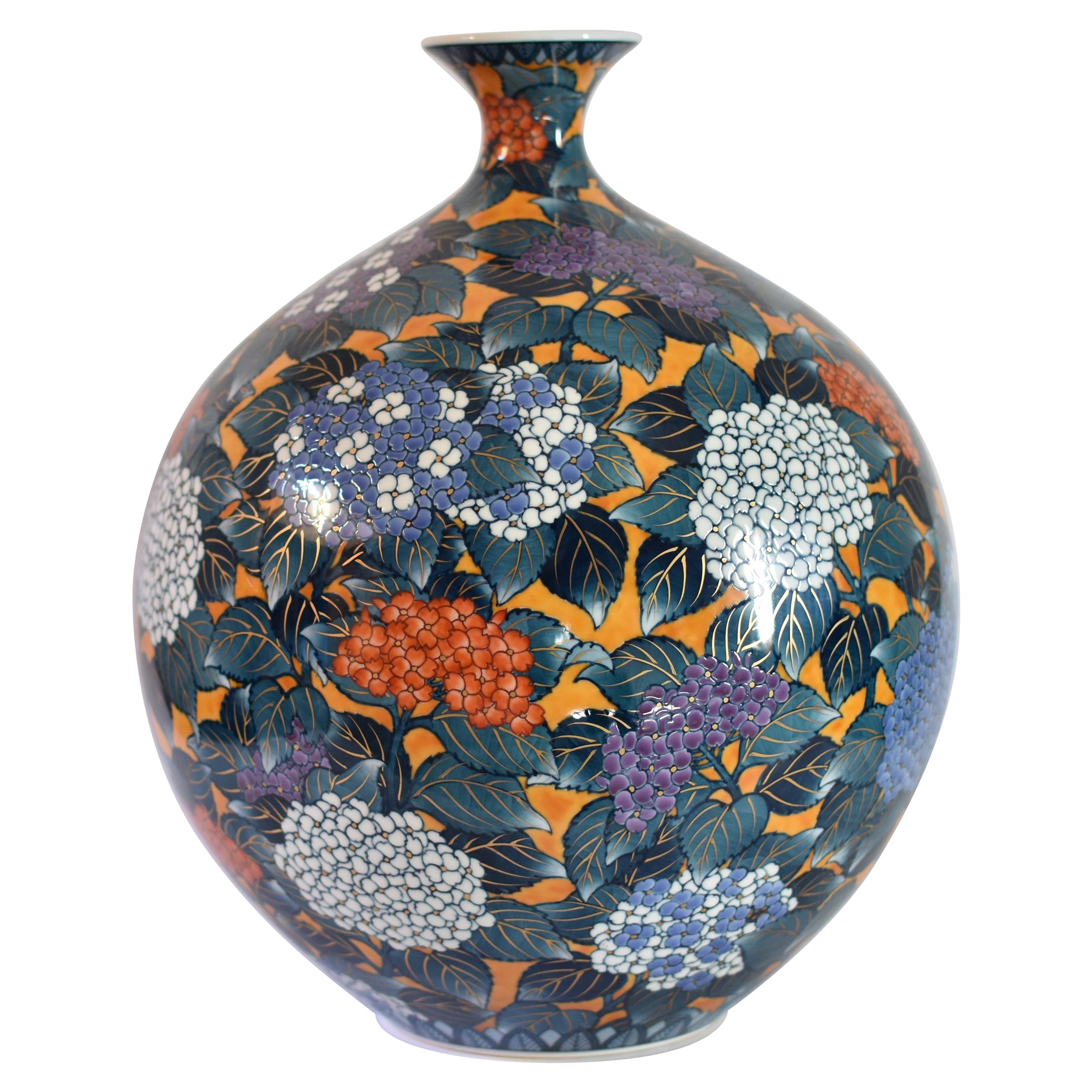 Large Japanese Contemporary Blue Orange Imari Porcelain Vase by Master Artist