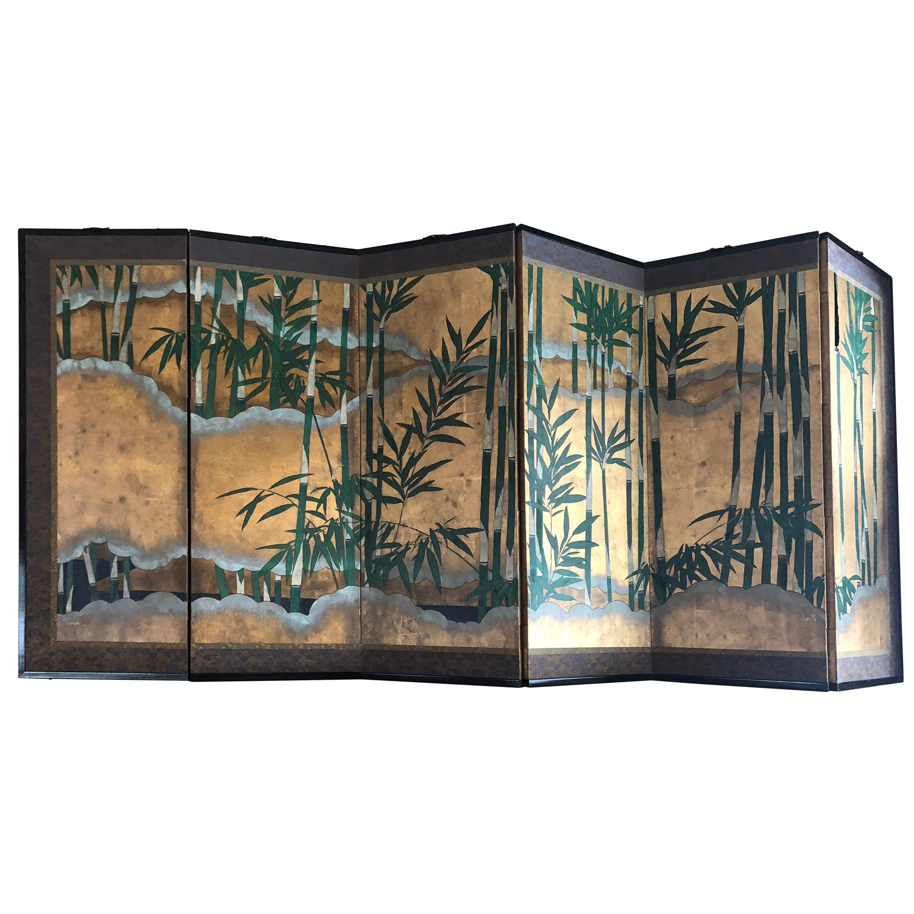 Japanese 6-Panel Painted Gilt Bamboo Leaf and Clouds Screen For Sale