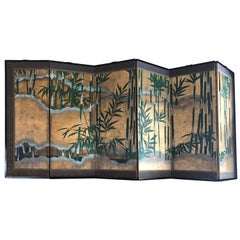 Japanese 6-Panel Painted Gilt Bamboo Leaf and Clouds Screen