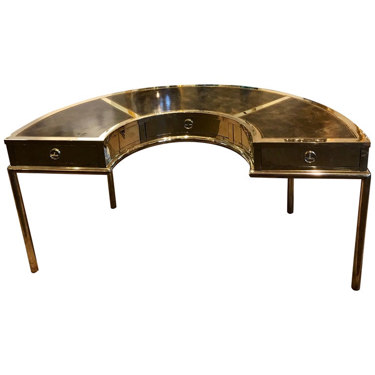 Brass and Leather Semicircular Mastercraft Desk at 1stDibs