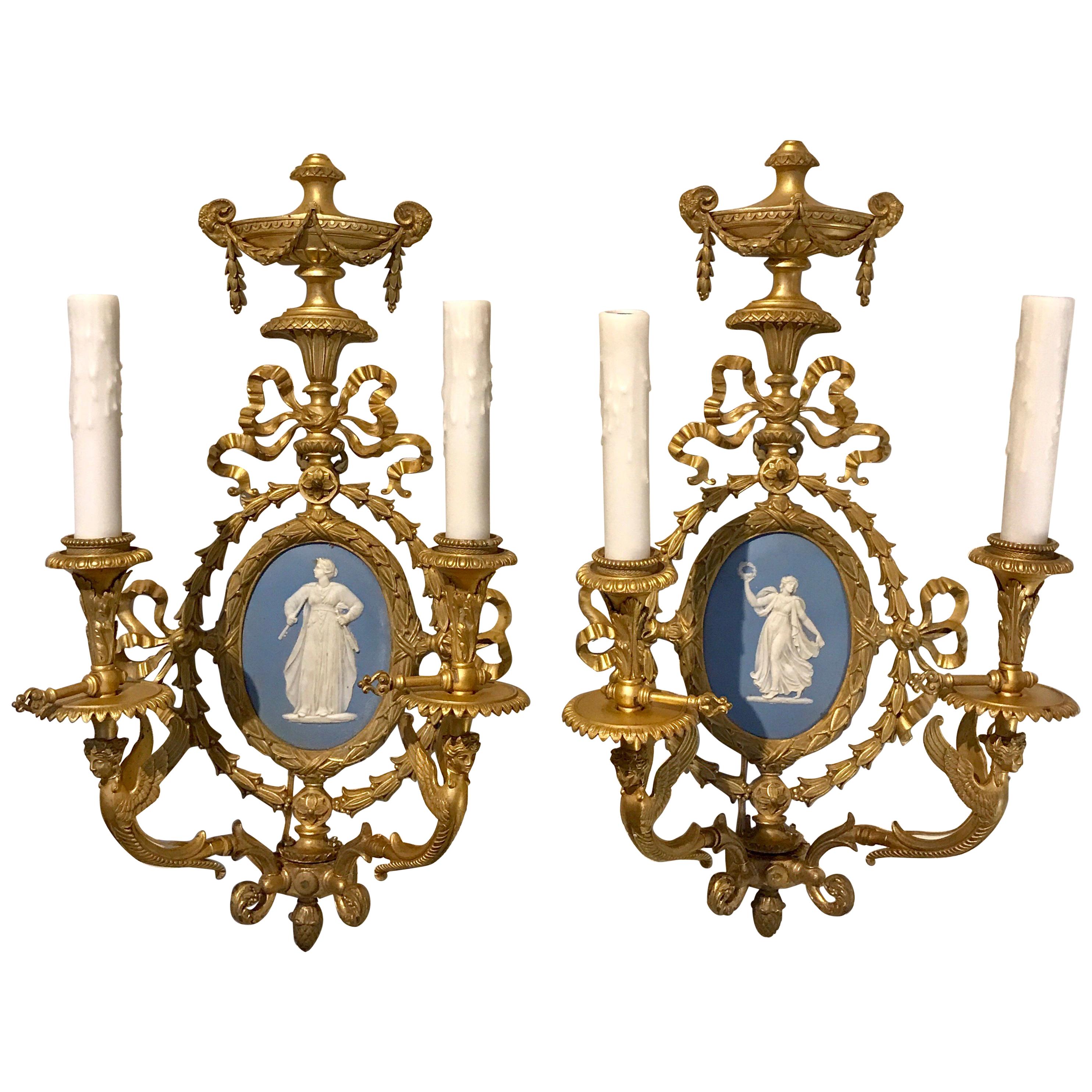 Pair of Exquisite Adam Style Ormolu Wall Sconces with Wedgwood Plaques For Sale