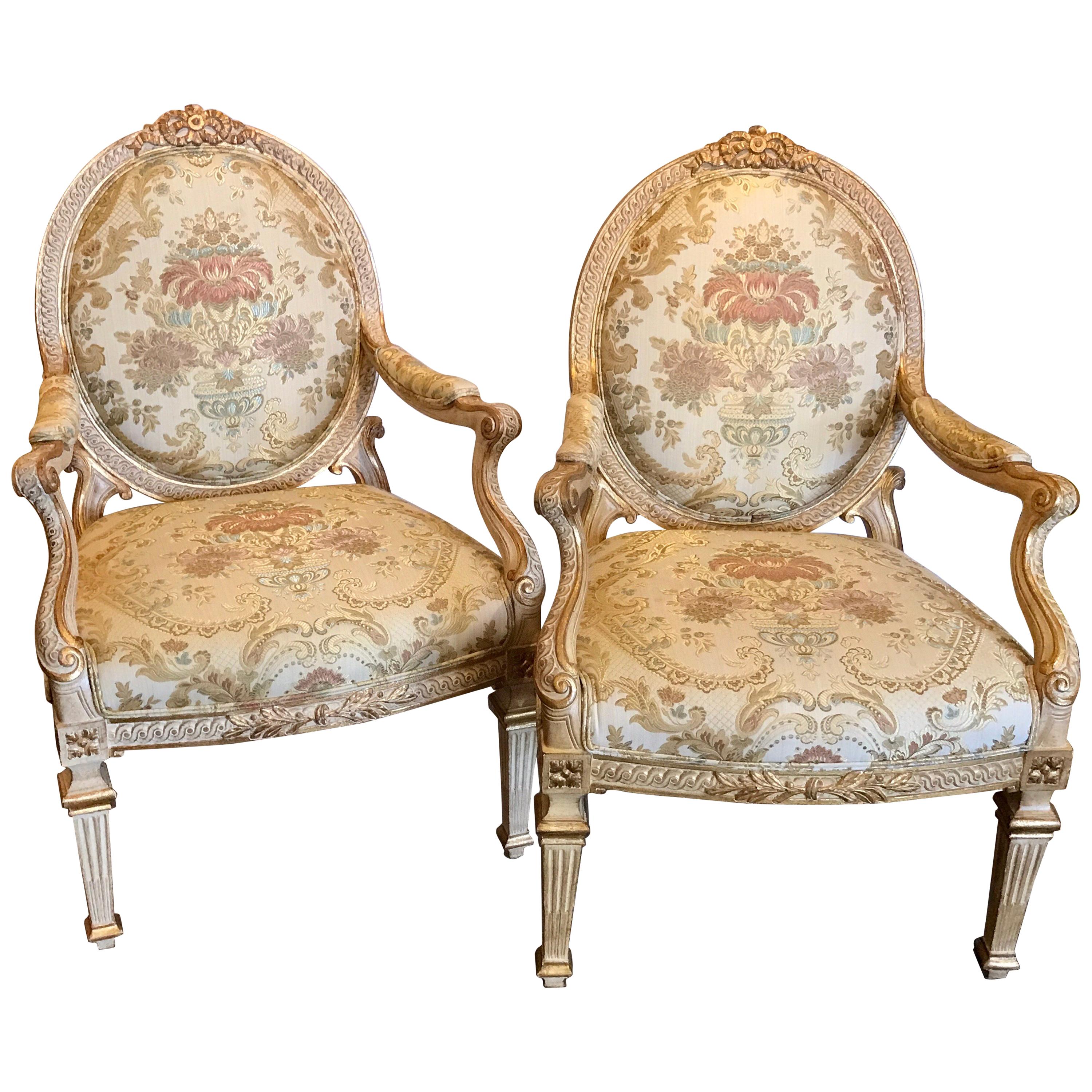 Pair of Louis XVI Style Carved Giltwood Bergère Chairs with Scalamandre Fabric For Sale