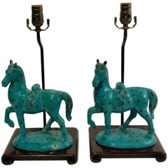 Pair of Turquoise Iznik Style Pottery Horses, Now as Lamps