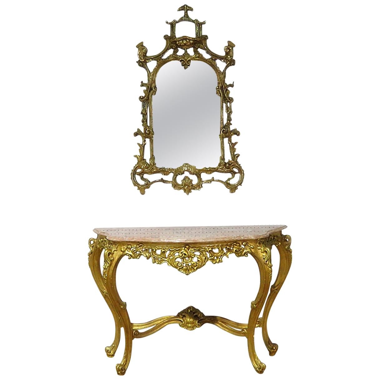 Chinese Chippendale Giltwood Mirror with Companion French Louis XV Gilded Table