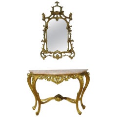 Chinese Chippendale Giltwood Mirror with Companion French Louis XV Gilded Table