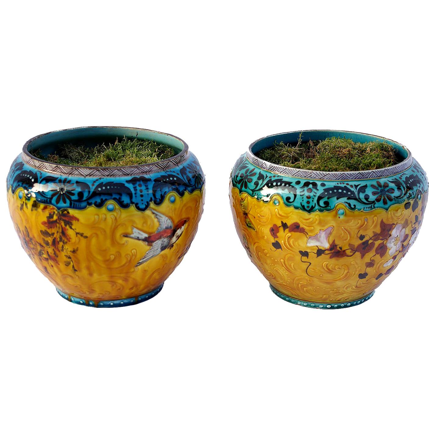 Théodore Deck, Pair of Yellow and Blue Porcelain Planter, 19th Century