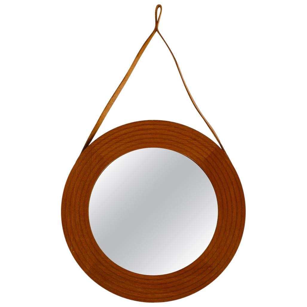 1960s Teak Wall Mirror with Leather Strap Made in Denmark