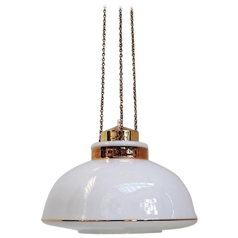 Danish Modern White Glass Pendant with Gold Decoration and Brass by Vitrika For Sale